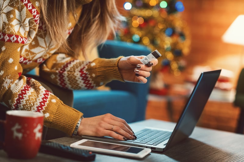 what components typically make up a case study Woman in a Holiday setting looking at a laptop with her credit card at hand