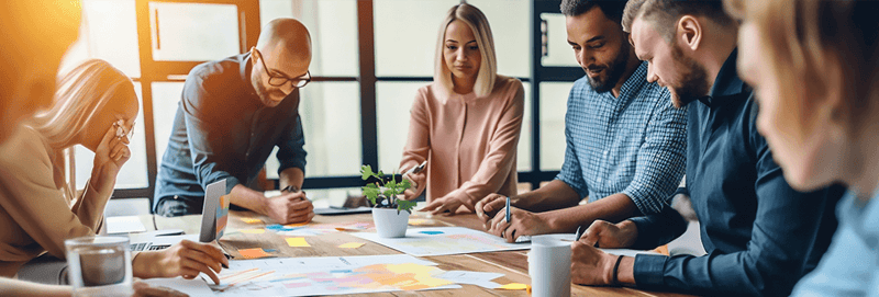 Group of coworkers meeting to analyze reports displayed in desk 