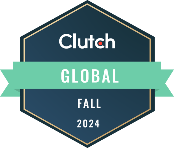 Clutch Global Fall 2024 award badge for SmartBug Media, featuring a dark blue hexagon, light green ribbon, and white text, symbolizing recognition for top global B2B service providers.