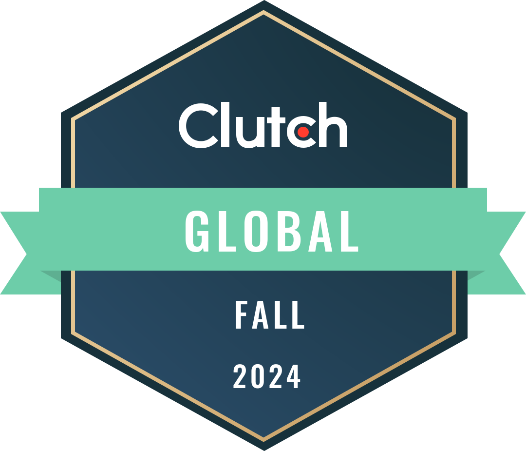 Clutch Global Fall 2024 award badge for SmartBug Media, featuring a dark blue hexagon, light green ribbon, and white text, symbolizing recognition for top global B2B service providers.