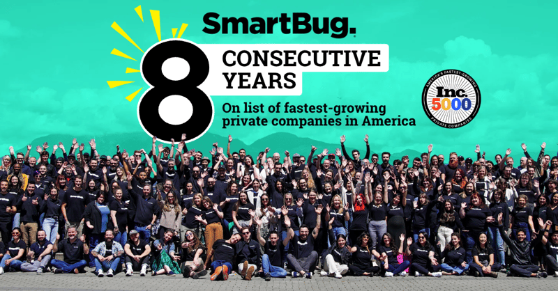 SmartBug celebrates eight consecutive years on the Inc. 5000 list of fastest-growing private companies, with a large team photo.