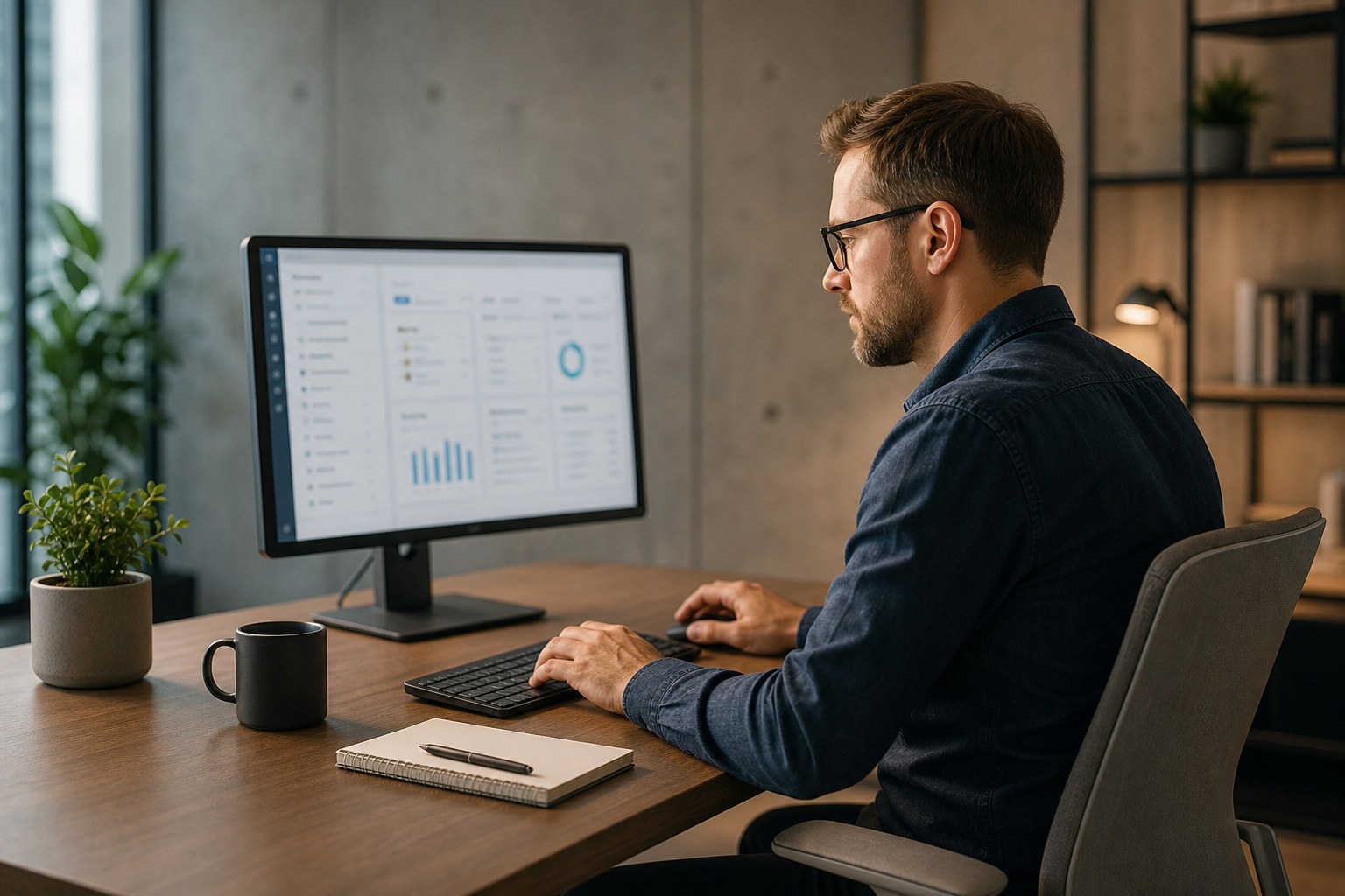 Man reviewing a CRM dashboard with charts on a desktop monitor in a modern office