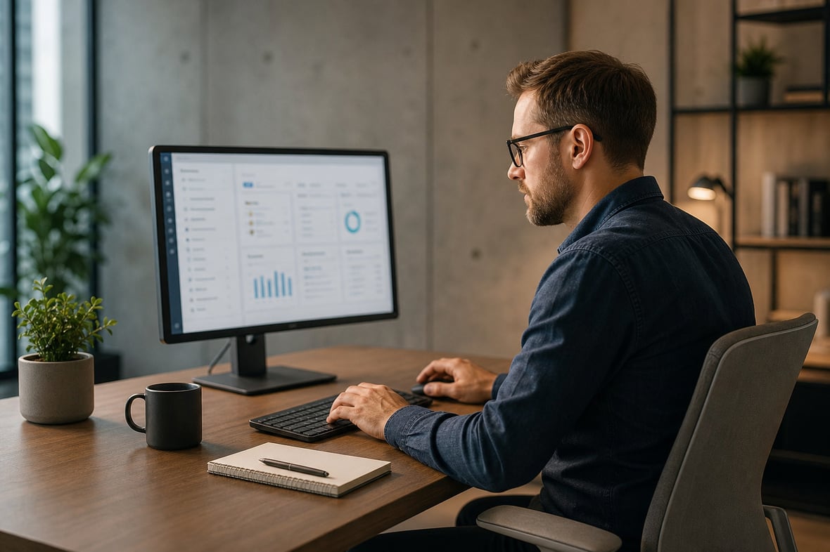 Man reviewing a CRM dashboard with charts on a desktop monitor in a modern office