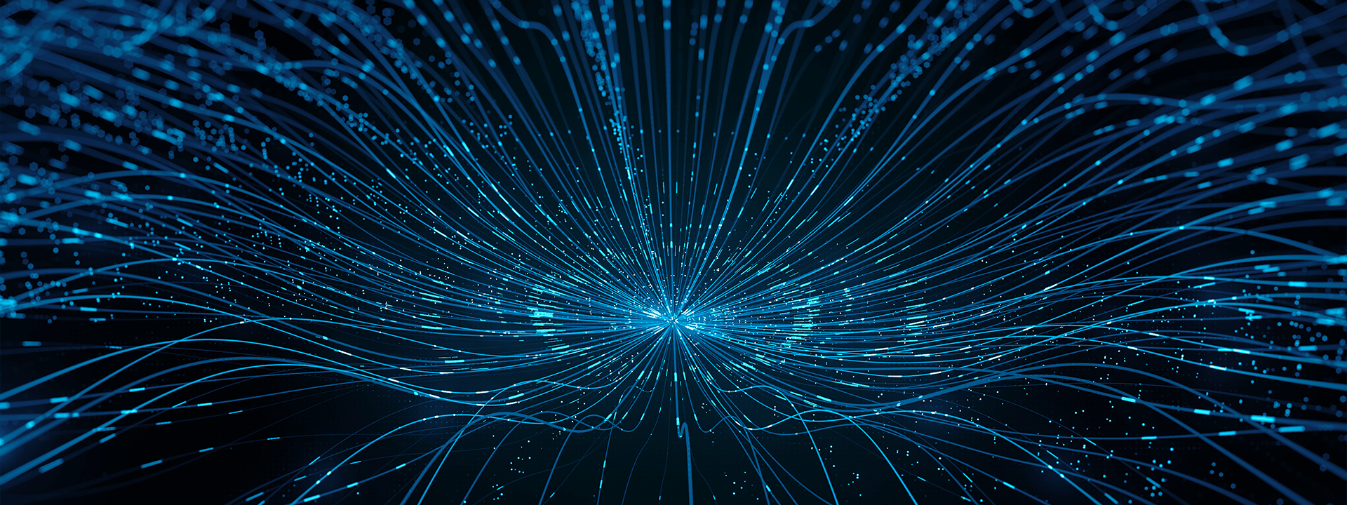 Digital abstract image of a blue glowing point with numerous lines and dots radiating outward on a dark background. 
