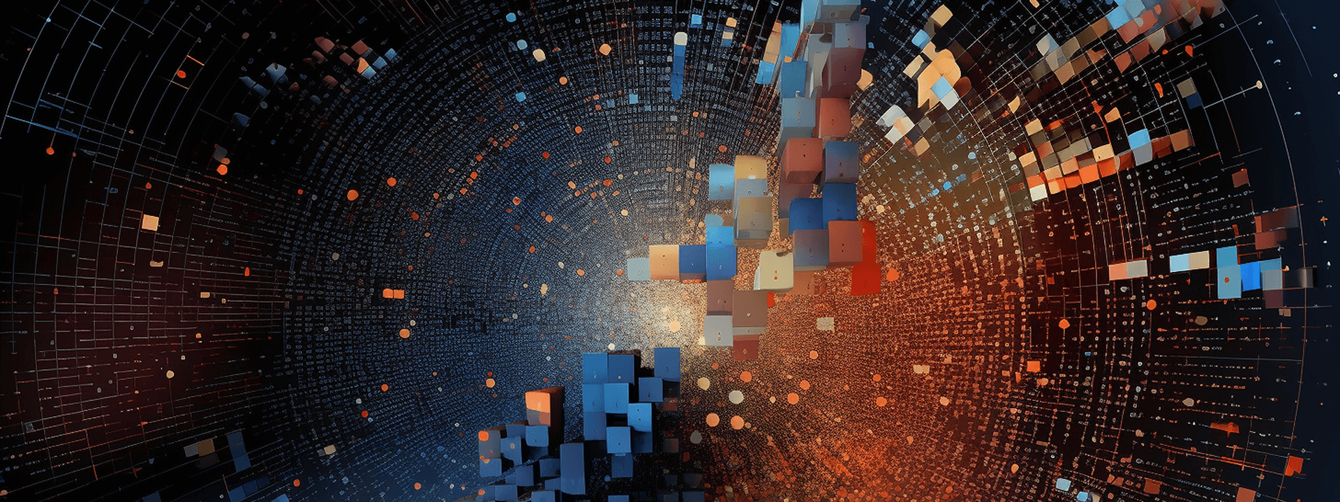 Digital graphic of a vortex composed of multicolored cubes and grid lines against a dark background, creating a visual effect of data or information traveling through cyberspace.