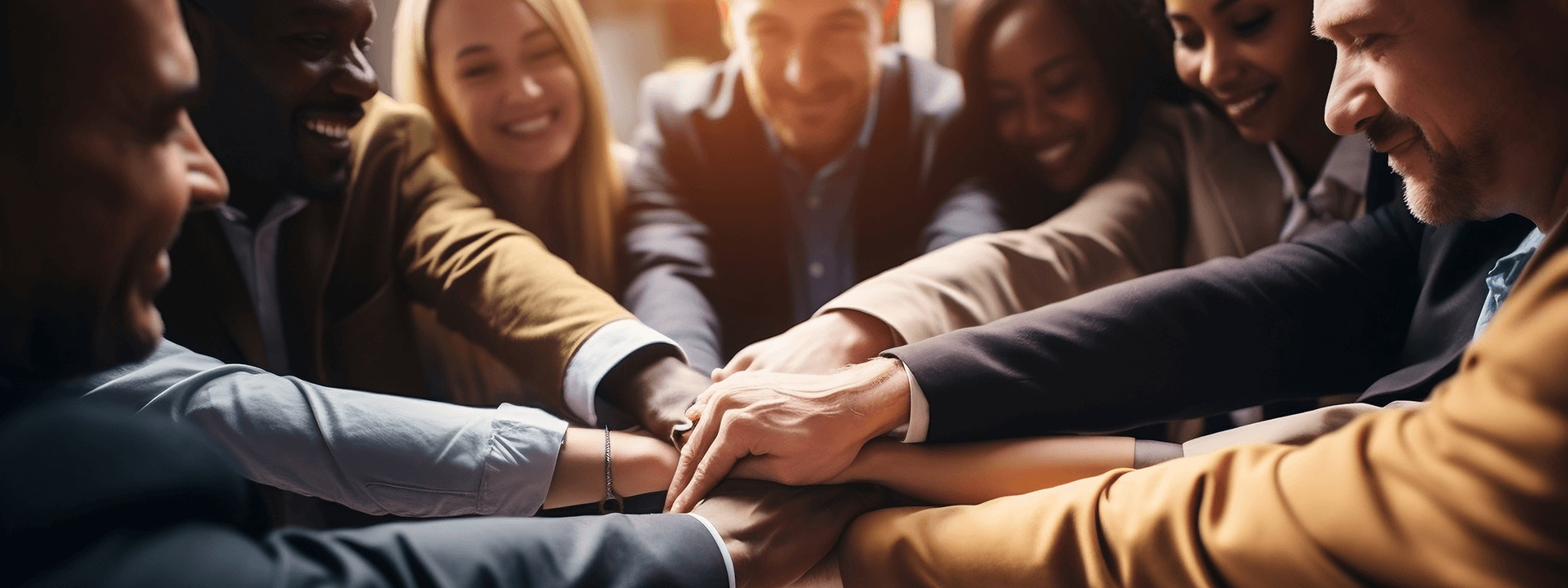 A diverse group of smiling professionals stacking hands in the center of a circle while collaborating in a business environment.