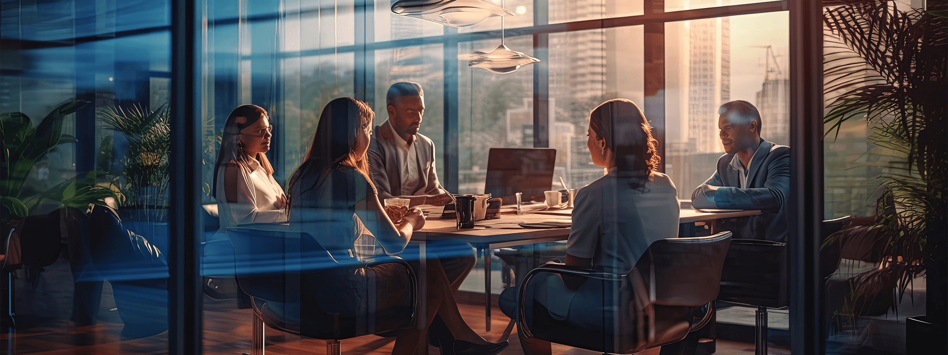 Sales, marketing, and customer service meeting in a glass office.