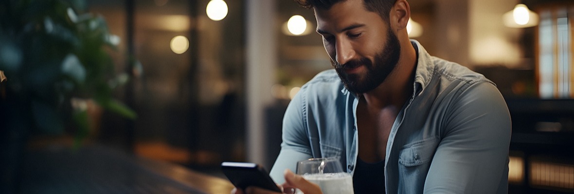 man sitting at a restaurant using a cell phone checking social media profile