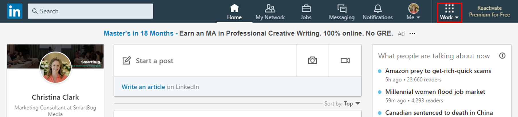Screenshot with box demonstrating where to access LinkedIn groups