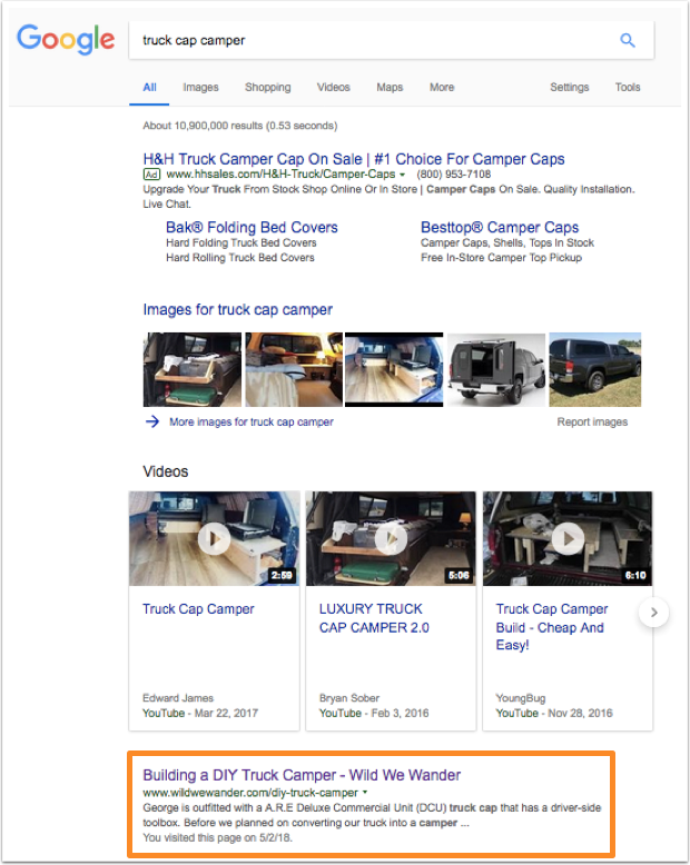 Google search results for truck cap camper