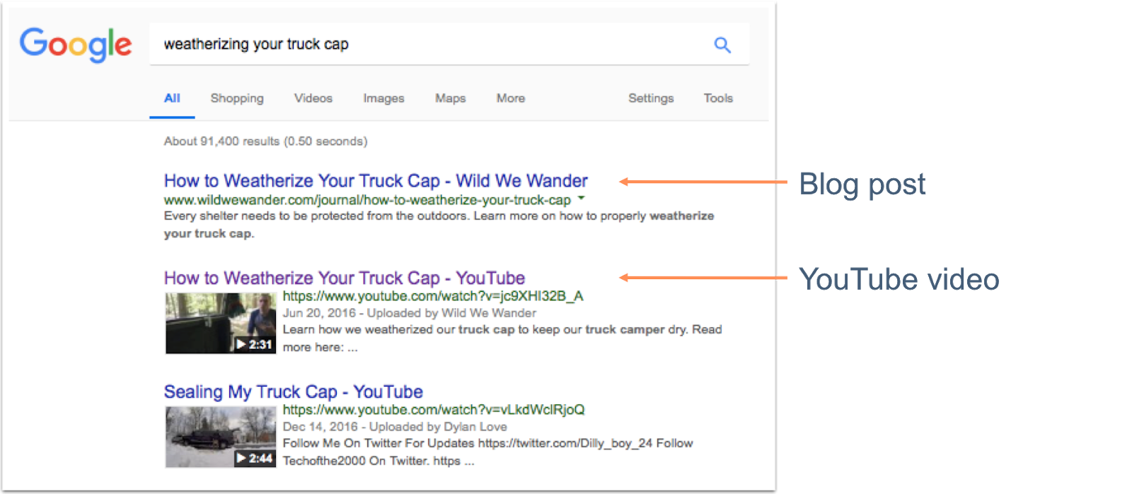 Google search results displaying YouTube