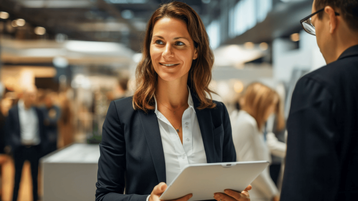 Women speaking with a prospective customer at a trade show