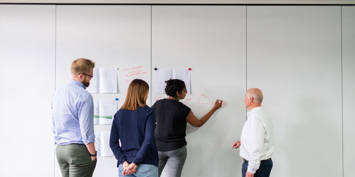 A group of marketers looking at a wall that has the strategy laid out