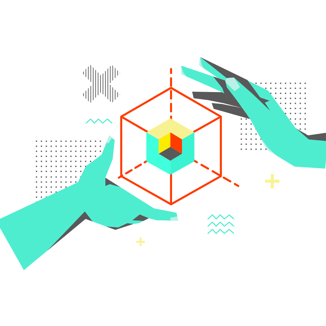 Illustration of teal hands holding hexagon 