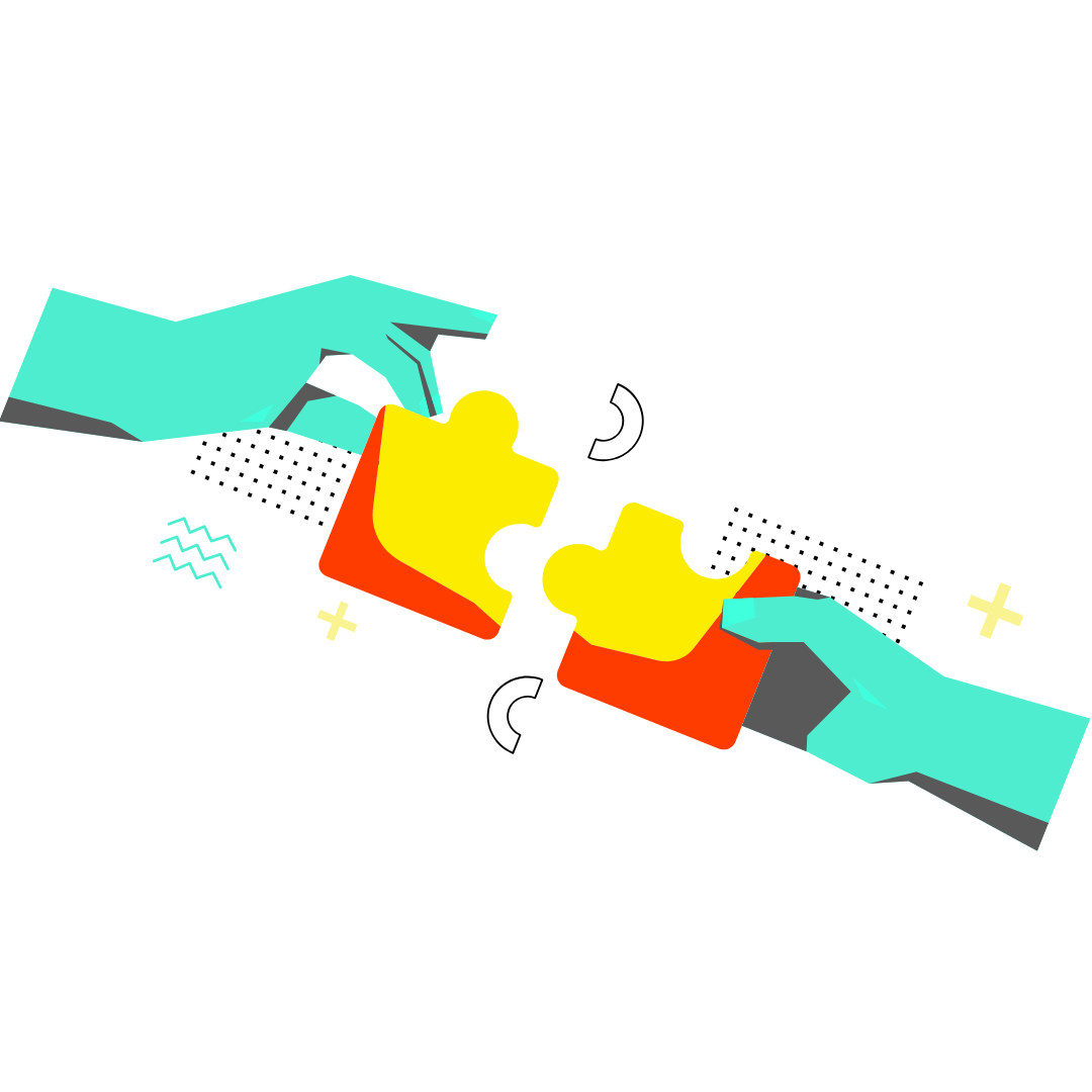 Illustration of two teal hands holding yellow and red puzzle pieces