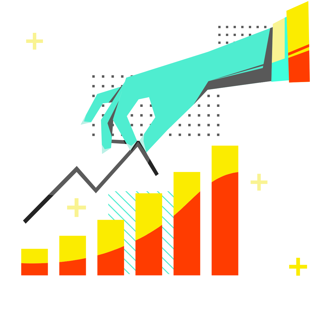 Illustration of a teal hand measuring a red and yellow bar chart