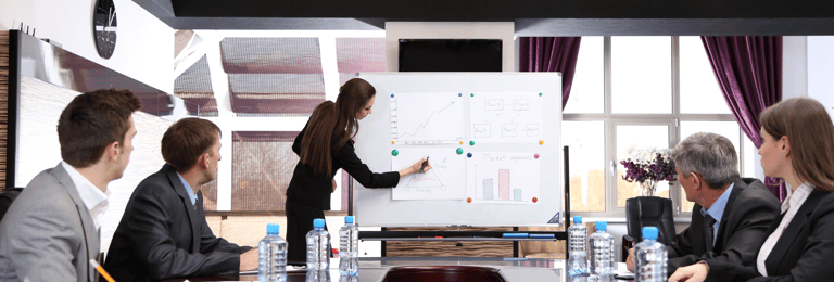 A group of professionals receiving a training on a meeting room