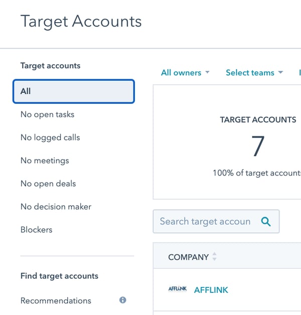 HubSpot target account dashboard with CRM activities