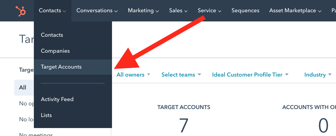 Screenshot of target account dashboard in HubSpot