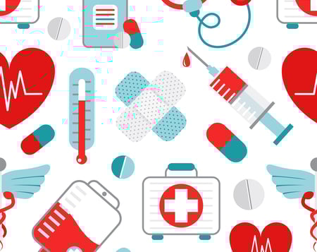 medical icons, such as first aid kit, thermometer, and heart