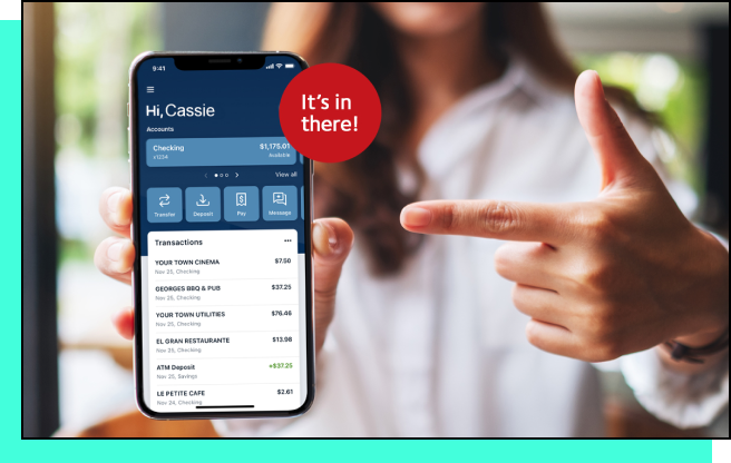 woman pointing at phone with account information
