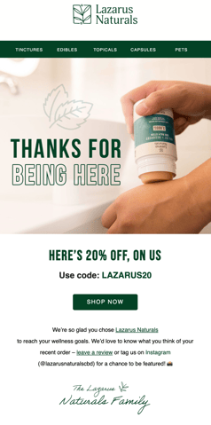 ecommerce generate reviews email example SmartBug CBD client Lazarus Naturals 