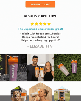 example of customer reviews being featured in email marketing campaign from SmartBug client, Invigor8