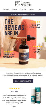 example of using ecommerce reviews in an email campaign from SmartBug client, Lazarus Naturals