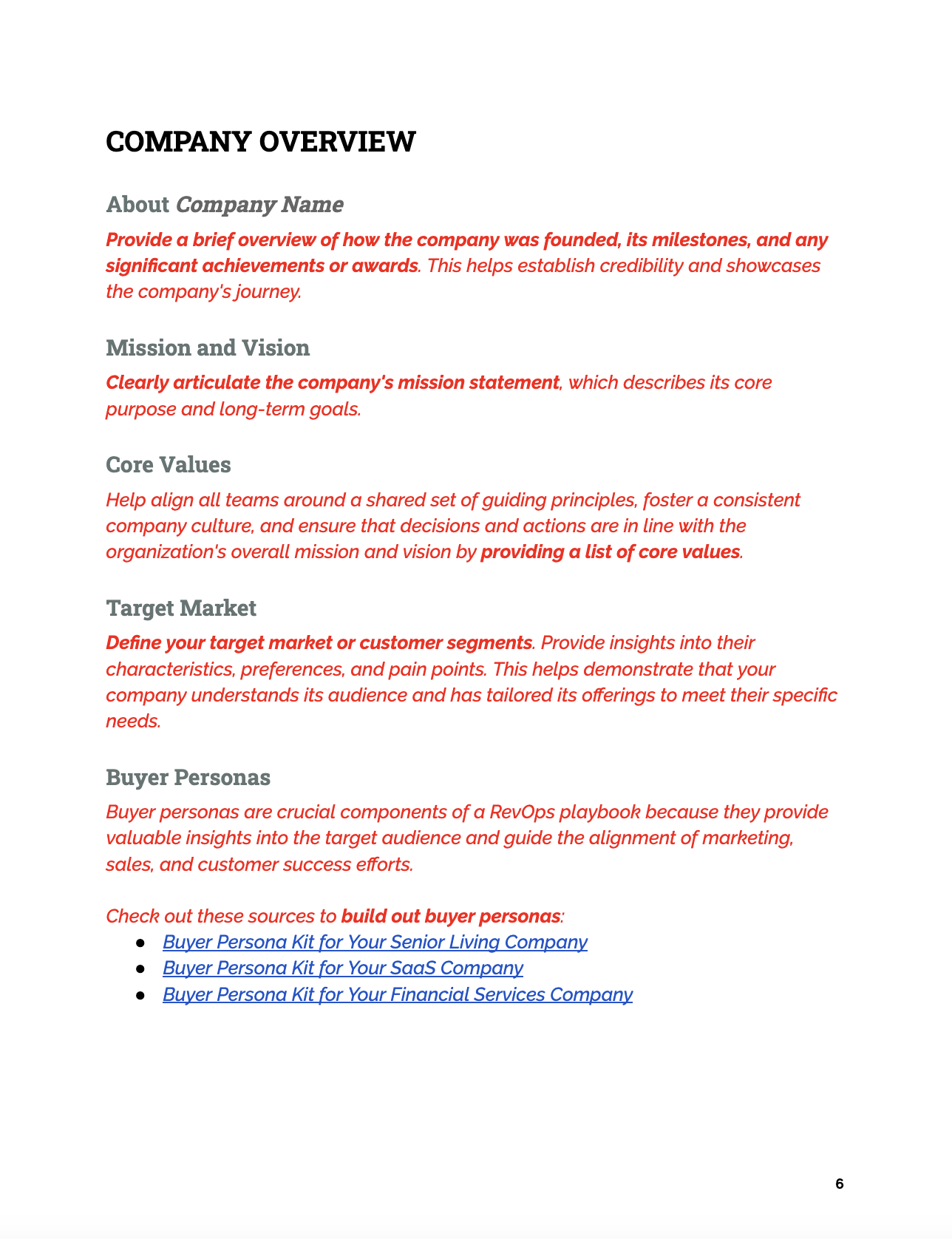 RevOps Playbook Template - company overview page