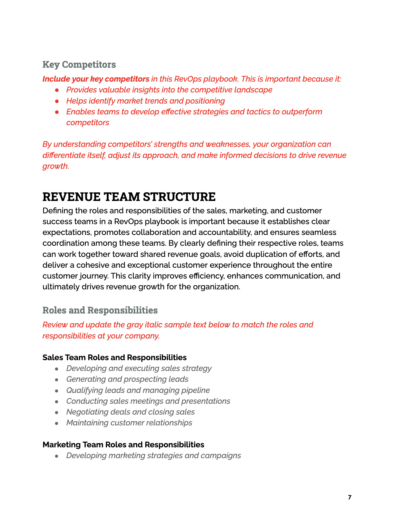 RevOps Playbook Template - team structure page