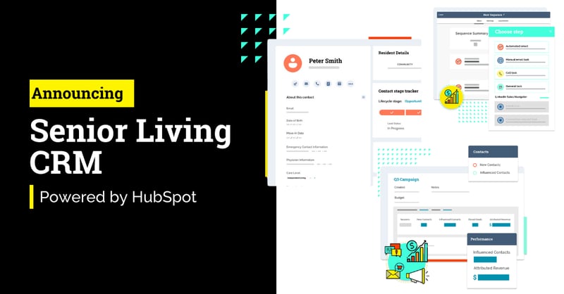 “Announcing Senior Living CRM powered by HubSpot” banner with CRM dashboard previews, including contact details, campaign performance, and task tracking tools.