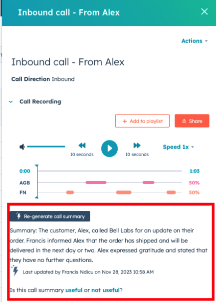 Jan2024 HubSpot Update - AI Assistant Call Summaries