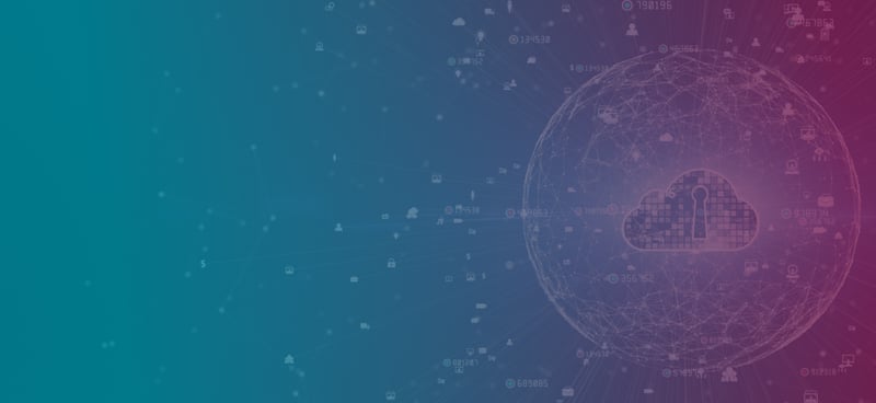 Cloud with lock and digital icons connected, symbolizing cybersecurity and data protection, on a blue and purple gradient background.