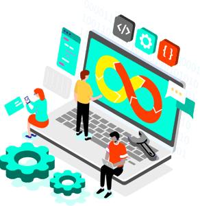 Illustration of people working on a giant laptop