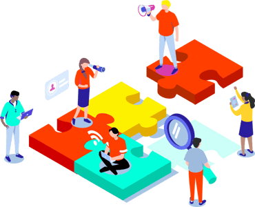 An illustration of people assembling large puzzle pieces