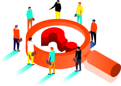 Illustration of people gathered around a large magnifying glass