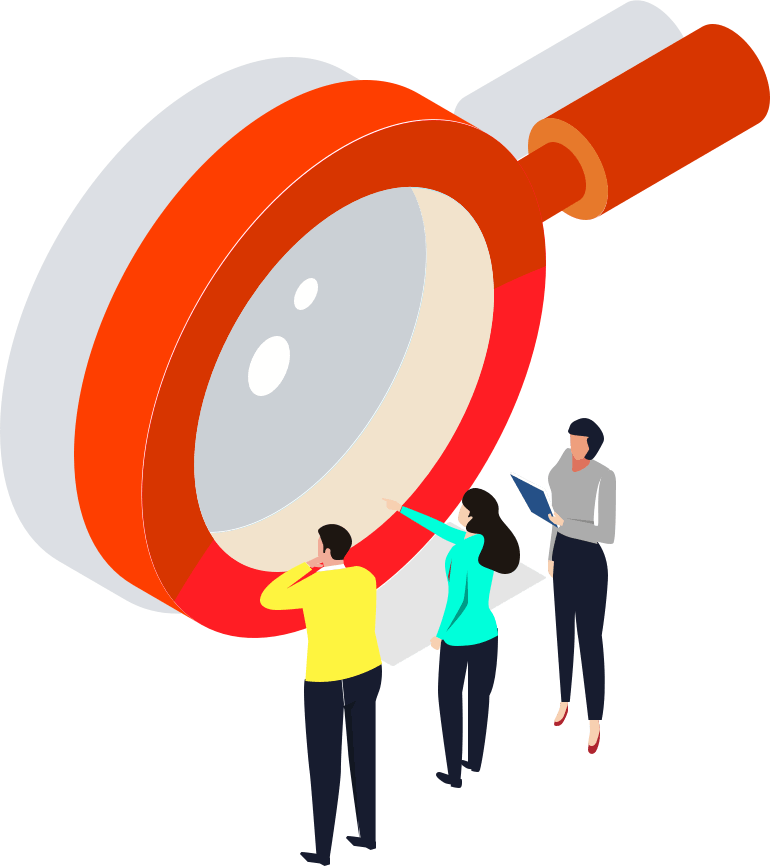 three individuals and a magnifying glass