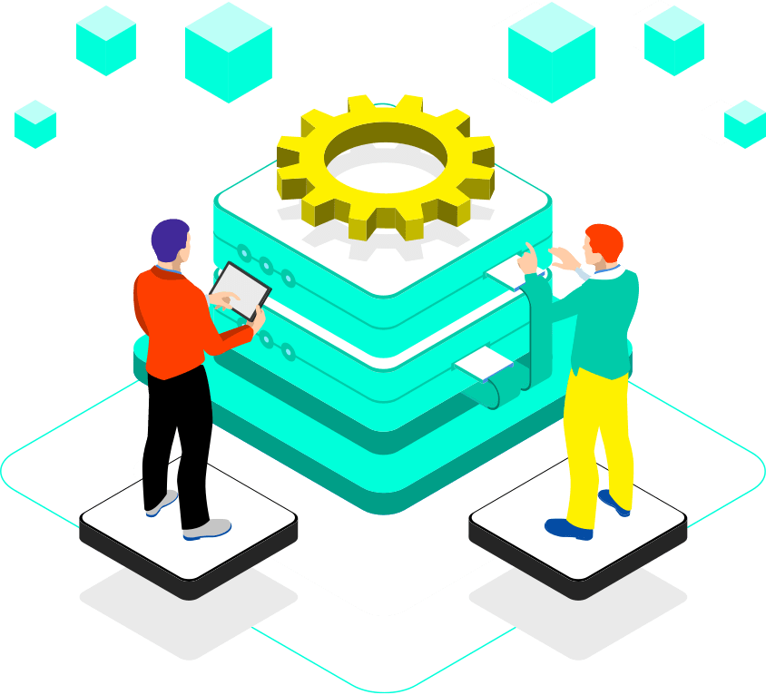 illustration of two individuals and settings icon