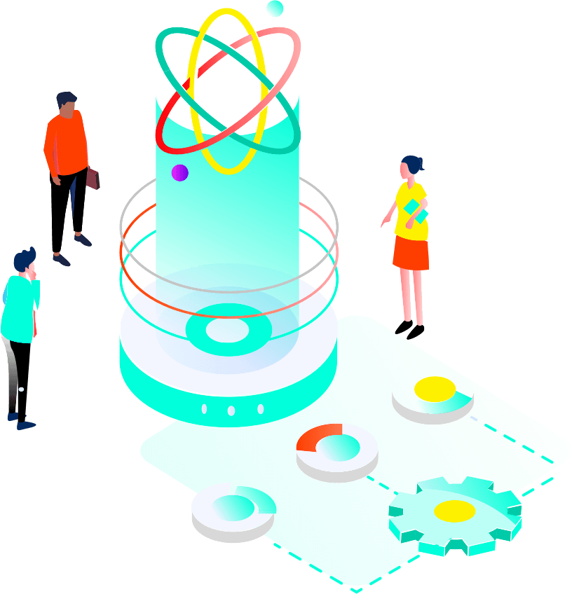 illustration of three individuals around an atom icon