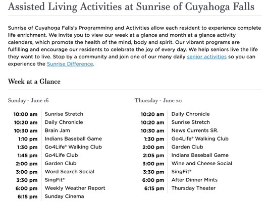 assisted living activities at sunrise of cuyahoga falls