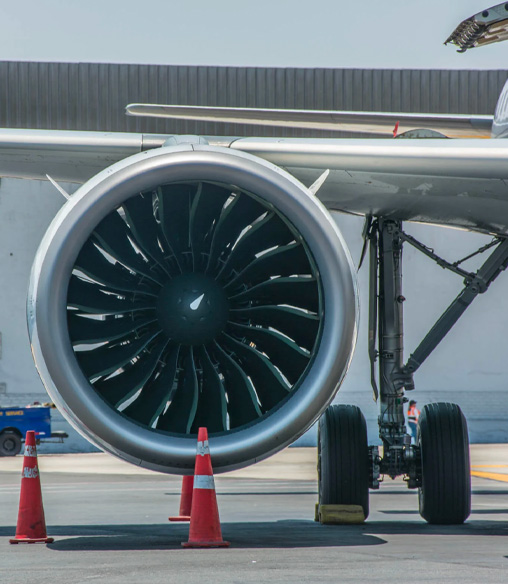 Closeup of airplane jet on runway