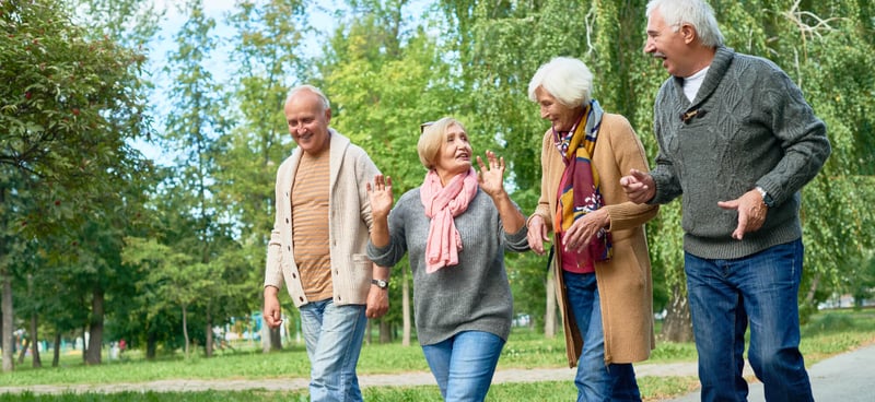 A group of seniors enjoying the outdoors, talking and smiling