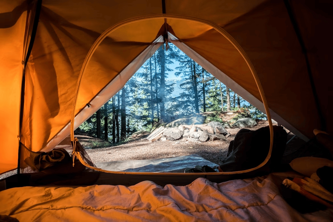 view of campfire from tent