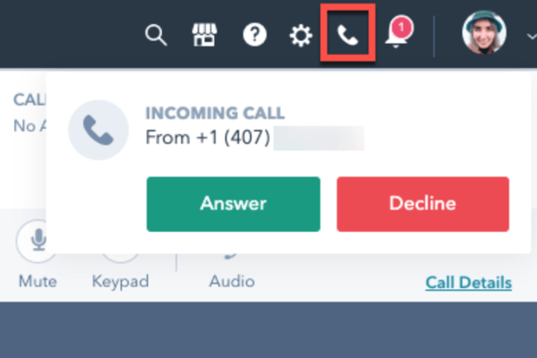 receiving calls in hubspot screen capture