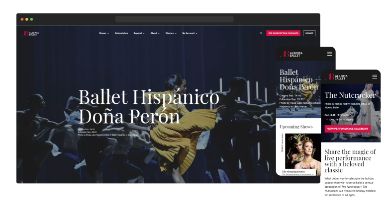 Overlay of desktop and mobile screens of the alberta ballet website