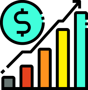icon of a dollar sign moving upwards on a bar graph