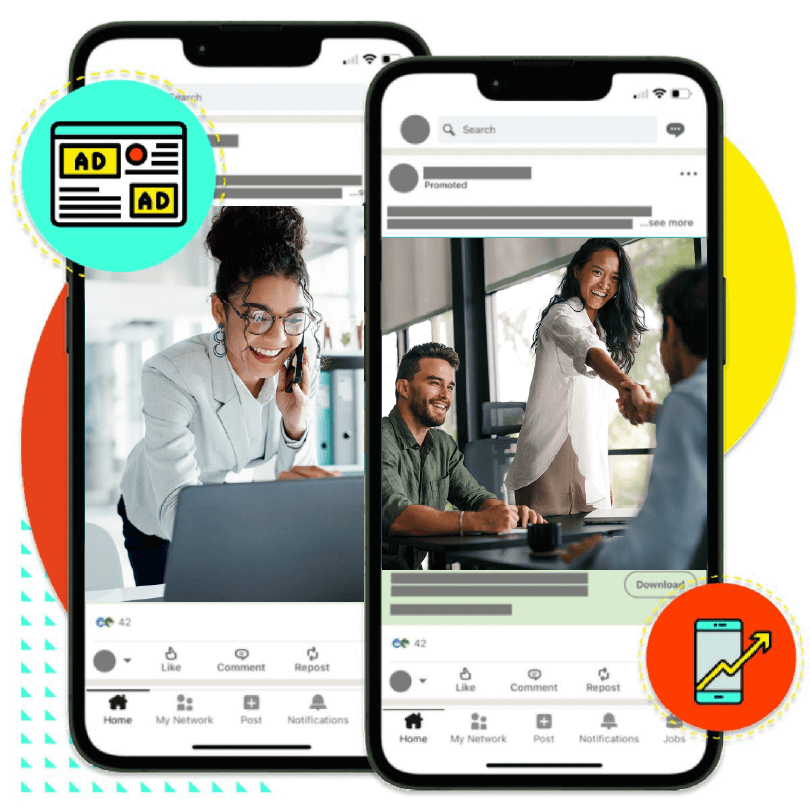 mobile devices with social media ads on screens