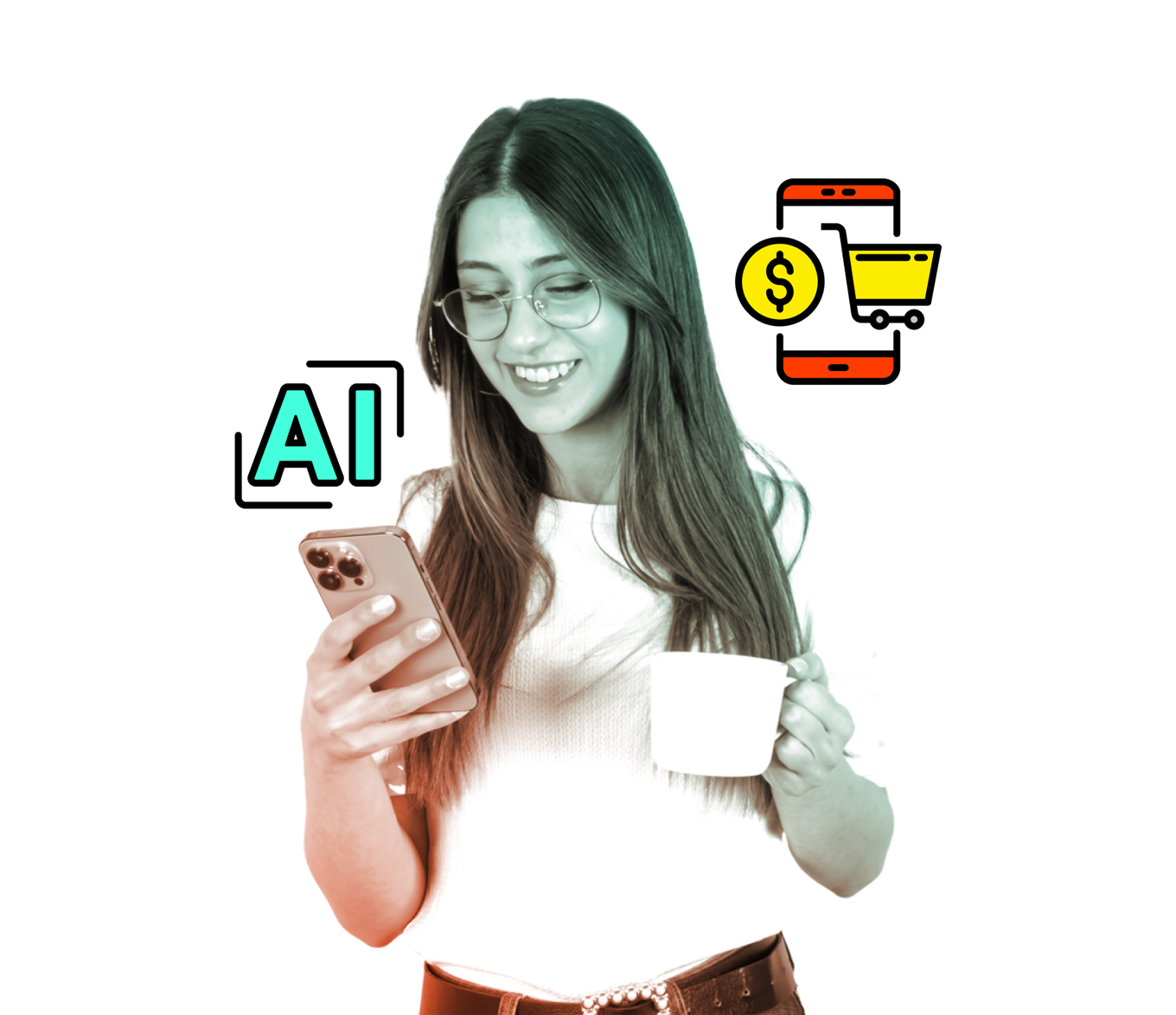 woman looking at phone with coffee-1