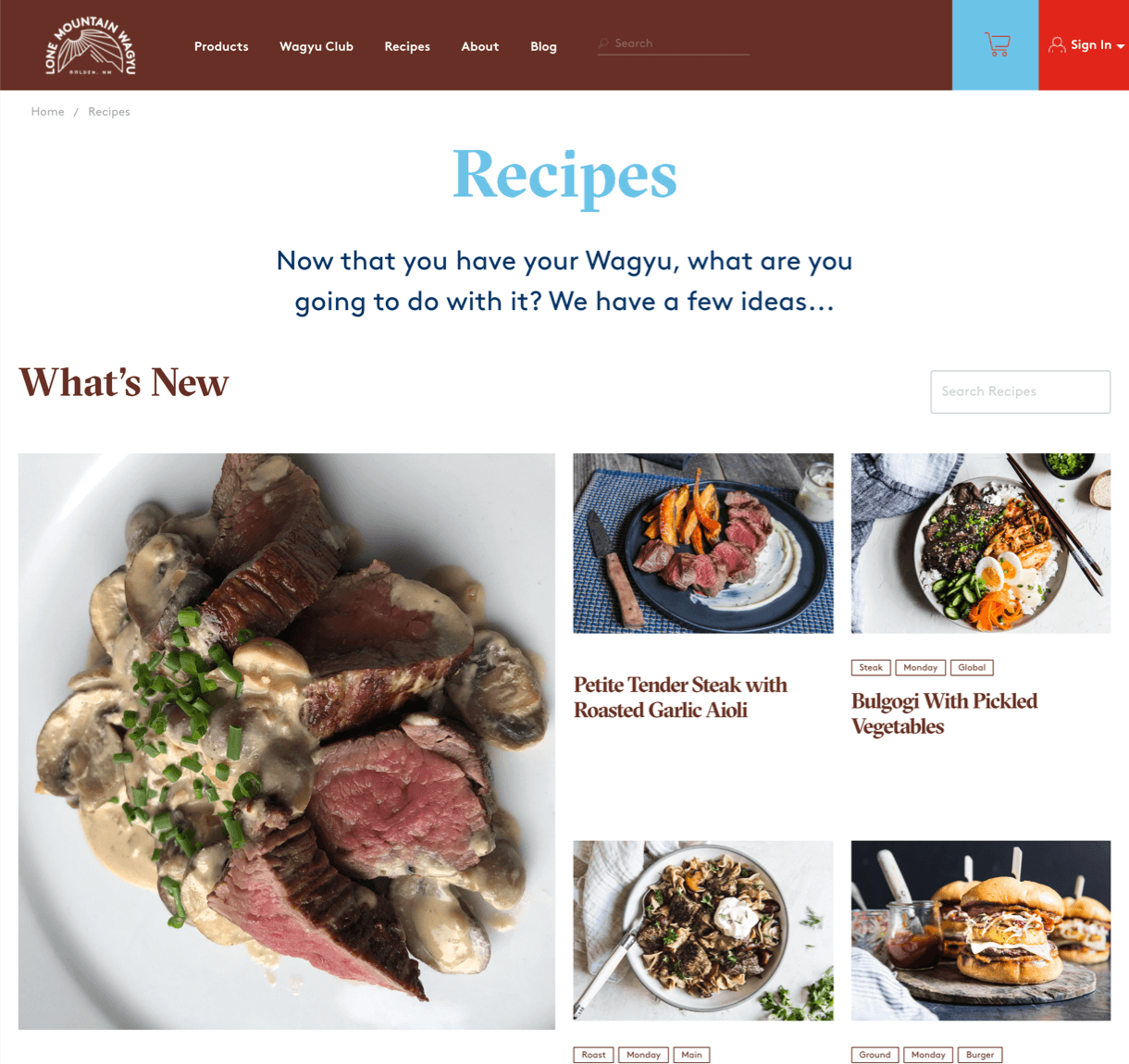 Lone Mountain Wagyu recipe page on desktop