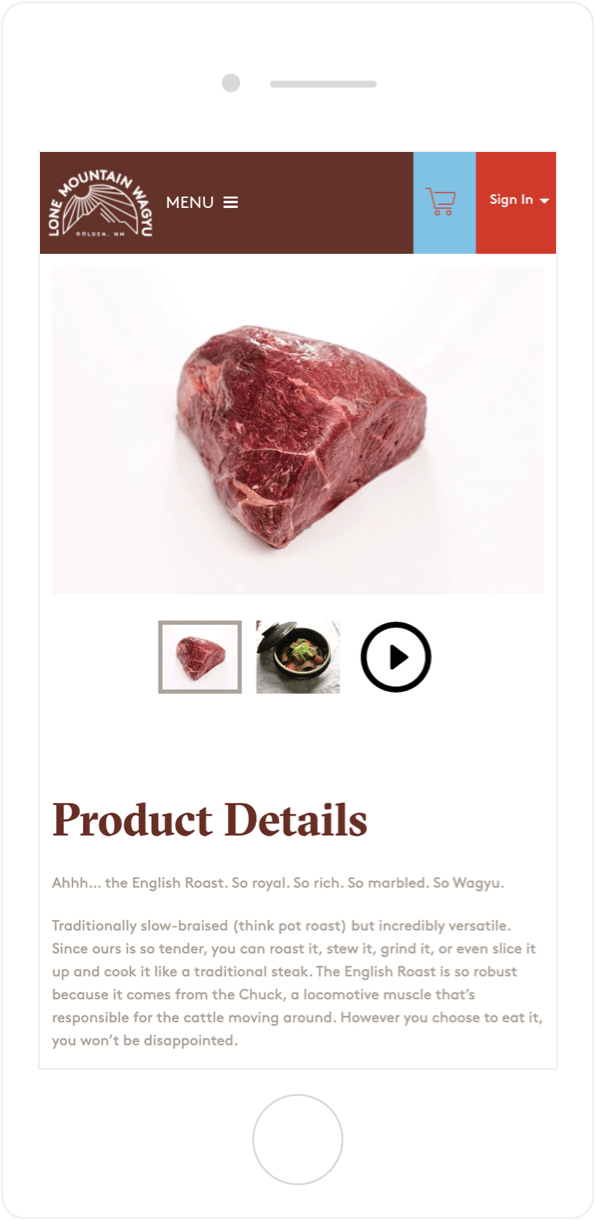 Lone Mountain Wagyu product page on mobile